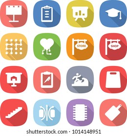 flat vector icon set - billboard vector, clipboard, presentation, graduate hat, chip, cardio, store signboard, shop, pen, surfer, cutting board, stairs, magnetic field