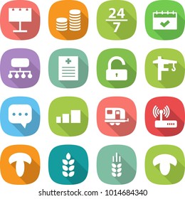 flat vector icon set - billboard vector, coin stack, 24 7, calendar, structure, recipe, unlock, tower crane, sms, sorting, trailer, router, mushroom, spike