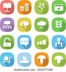 flat vector icon set - billboard vector, coin stack, 24 7, calendar, structure, cloud service, wireless, spikelets, unlock, sms, sorting, workman, baggage trolley, shark flipper, mushroom