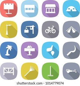 flat vector icon set - billboard vector, market, dome house, outdoor light, loading, bike, tent, palm, restaurant, golf, sickle, farm fence, rake, blower