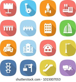 flat vector icon set - billboard vector, gyroscooter, hoverboard, store, bridge, building, skyscraper, modern architecture, house, outdoor light, traffic, loading, escalator, sweeper