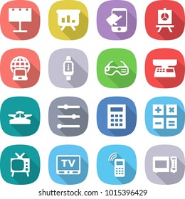flat vector icon set - billboard vector, presentation, touch, notebook globe, smart watch, glasses, market scales, equalizer, calculator, tv, mobile phone, microwave oven
