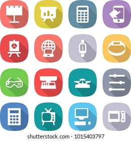 flat vector icon set - billboard vector, presentation, calculator, touch, notebook globe, smart watch, bracelet, glasses, market scales, equalizer, tv, computer, microwave oven