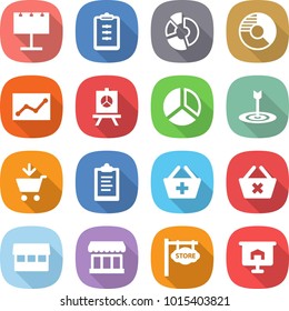 flat vector icon set - billboard vector, clipboard, circle diagram, statistics, presentation, target, add to cart, basket, delete, market, store signboard