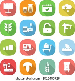 flat vector icon set - billboard vector, coin stack, calendar, cloud service, spikelets, mall, unlock, tower crane, sorting, trailer, baggage trolley, shark flipper, router, mushroom, spike, hive