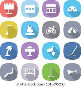 flat vector icon set - billboard vector, market, dome house, outdoor light, flammable, bike, tent, palm, restaurant, golf, rake, sickle, farm fence, blower