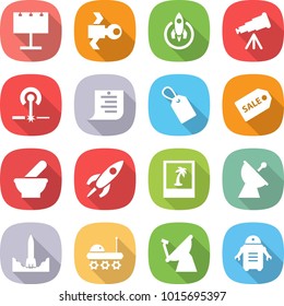 flat vector icon set - billboard vector, satellite, rocket, telescope, laser, shopping list, label, sale, mortar, photo, antenna, start, lunar rover, robot