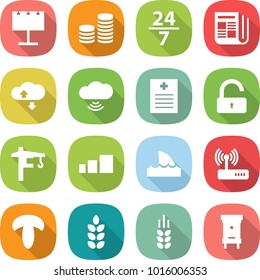 flat vector icon set - billboard vector, coin stack, 24 7, newspaper, cloud service, wireless, recipe, unlock, tower crane, sorting, shark flipper, router, mushroom, spike, hive