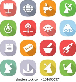 flat vector icon set - billboard vector, globe, satellite, antenna, rocket, laser, ufo, lunar rover, shopping list, sale label, mortar, start