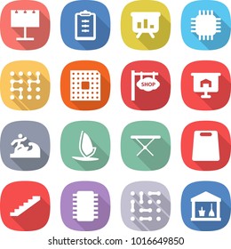 flat vector icon set - billboard vector, clipboard, presentation, chip, cpu, shop signboard, surfer, windsurfing, iron board, cutting, stairs, circuit, utility room