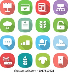 flat vector icon set - billboard vector, calendar, newspaper, structure, cloud wireless, recipe, spikelets, unlock, sms, sorting, baggage trolley, shark flipper, router, spike, mushroom, hive