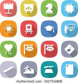 flat vector icon set - billboard vector, presentation, chess horse, chip, graduate hat, cardio, store signboard, shop, under construction, stairs, surfer, cutting board