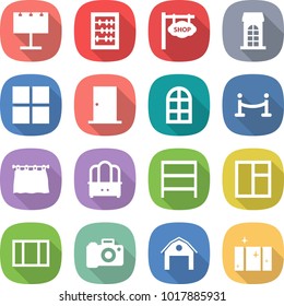 flat vector icon set - billboard vector, abacus, shop signboard, building, window, door, arch, vip fence, curtain, dresser, rack, camera, barn, clean