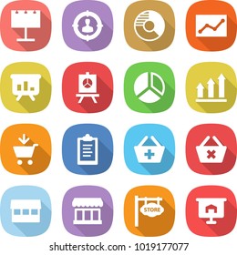 flat vector icon set - billboard vector, target audience, circle diagram, statistics, presentation, graph up, add to cart, clipboard, basket, delete, market, store signboard