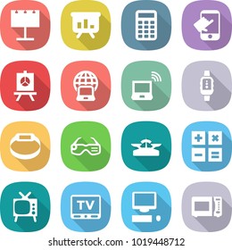 flat vector icon set - billboard vector, presentation, calculator, touch, notebook globe, wireless, smart watch, bracelet, glasses, scales, tv, computer, microwave oven