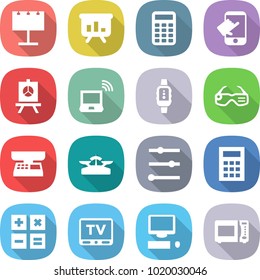 flat vector icon set - billboard vector, presentation, calculator, touch, notebook wireless, smart watch, glasses, market scales, equalizer, tv, computer, microwave oven