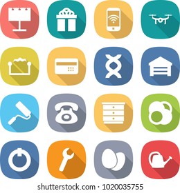 flat vector icon set - billboard vector, gift, phone wireless, drone, electrostatic, credit card, dna, garage, repair, chest of drawers, atom core, on off button, wrench, eggs, watering can