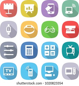 flat vector icon set - billboard vector, presentation, touch, notebook wireless, smart watch, bracelet, glasses, market scales, equalizer, calculator, tv, mobile phone, computer, microwave oven