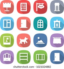 flat vector icon set - billboard vector, abacus, shop signboard, building, window, door, arch, detector, photo, dog, landscape, curtain, dresser, rack