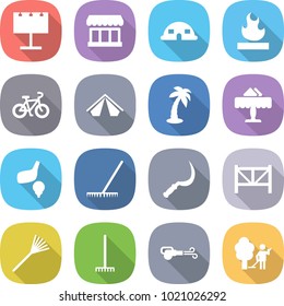 flat vector icon set - billboard vector, market, dome house, flammable, bike, tent, palm, restaurant, golf, rake, sickle, farm fence, blower, garden cleaning