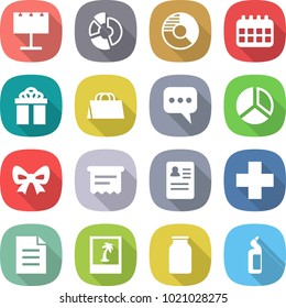 flat vector icon set - billboard vector, circle diagram, calendar, gift, shopping bag, message, bow, atm receipt, anamnesis, cross, document, photo, bank, toilet cleanser