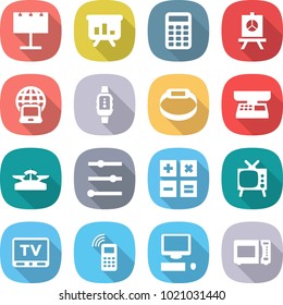 flat vector icon set - billboard vector, presentation, calculator, notebook globe, smart watch, bracelet, market scales, equalizer, tv, mobile phone, computer, microwave oven