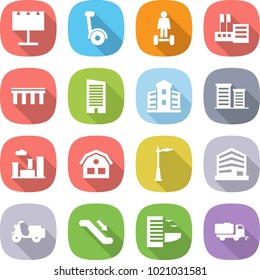flat vector icon set - billboard vector, gyroscooter, hoverboard, store, bridge, skyscraper, building, district, city, house, outdoor light, office, scooter shipping, escalator, hotel, sweeper