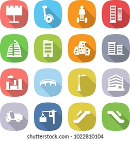 flat vector icon set - billboard vector, gyroscooter, hoverboard, skyscrapers, skyscraper, modern architecture, district, city, bridge, outdoor light, office, scooter shipping, loading, escalator