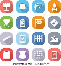 flat vector icon set - billboard vector, chip, presentation, hoverboard, cardio, clipboard, store signboard, under construction, stairs, check, pallet, surfer, cutting board, circuit, list