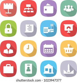 flat vector icon set - billboard vector, hierarchy, wallet, group, lock, shopping list, mall, presentation, client, clock, calendar, basket, suitcase, identity card, home, rocket start