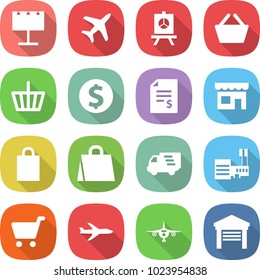 flat vector icon set - billboard vector, plane, presentation, basket, dollar coin, account balance, shop, shopping bag, delivery, mall, cart, garage