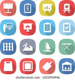 flat vector icon set - billboard vector, clipboard, presentation, check, pallet, surfer, windsurfing, iron board, cutting, utility room