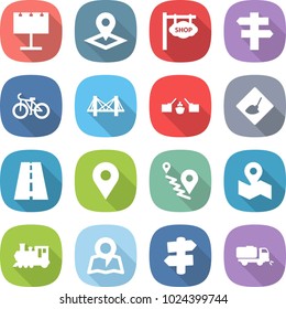 flat vector icon set - billboard vector, pointer, shop signboard, singlepost, bike, bridge, drawbridge, under construction, road, geo pin, route, map, train, signpost, sweeper