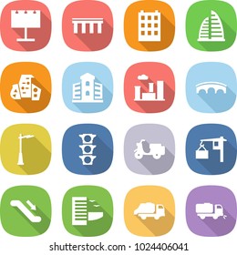 flat vector icon set - billboard vector, bridge, building, skyscraper, modern architecture, city, outdoor light, traffic, scooter shipping, loading, escalator, hotel, trash truck, sweeper