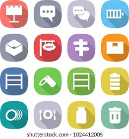 flat vector icon set - billboard vector, message, discussion, battery, box, shop signboard, singlepost, package, rack, label, plates, fork spoon plate, bank, trash bin
