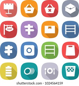 flat vector icon set - billboard vector, remove from basket, delete cart, box, shop signboard, singlepost, package, rack, signpost, ring button, cutting board, battery, plates, fork spoon plate