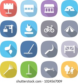 flat vector icon set - billboard vector, market, dome house, loading, flammable, bike, tent, golf, rake, sickle, farm fence, blower, garden cleaning