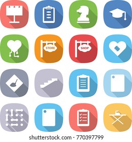 flat vector icon set - billboard vector, clipboard, chess horse, graduate hat, cardio chip, store signboard, shop, pacemaker, under construction, stairs, cutting board, circuit, list, iron