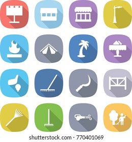 flat vector icon set - billboard vector, market, outdoor light, flammable, tent, palm, restaurant, golf, rake, sickle, farm fence, blower, garden cleaning