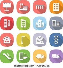flat vector icon set - billboard vector, store, bridge, building, skyscrapers, skyscraper, district, house, outdoor light, office, traffic, escalator, hotel, trash truck, sweeper