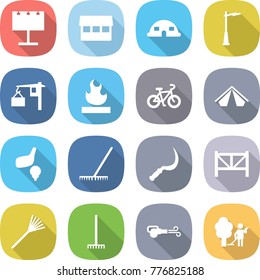 flat vector icon set - billboard vector, market, dome house, outdoor light, loading, flammable, bike, tent, golf, rake, sickle, farm fence, blower, garden cleaning