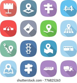 flat vector icon set - billboard vector, pointer, singlepost, bridge, drawbridge, under construction, geo pin, map, route, traffic light, bus, signpost, speed train, sweeper