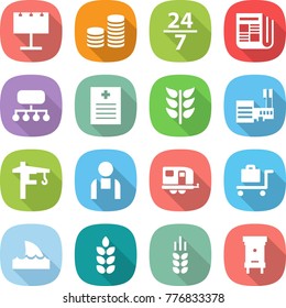 flat vector icon set - billboard vector, coin stack, 24 7, newspaper, structure, recipe, spikelets, mall, tower crane, workman, trailer, baggage trolley, shark flipper, spike, hive
