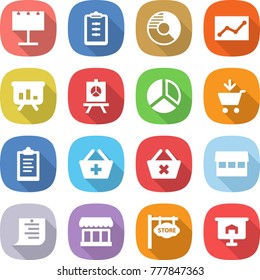 flat vector icon set - billboard vector, clipboard, circle diagram, statistics, presentation, add to cart, basket, delete, market, shopping list, store signboard