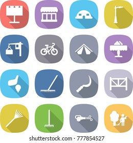 flat vector icon set - billboard vector, market, dome house, outdoor light, loading, bike, tent, restaurant, golf, rake, sickle, farm fence, blower, garden cleaning