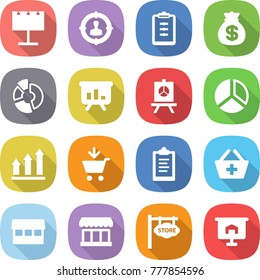 flat vector icon set - billboard vector, target audience, clipboard, money bag, circle diagram, presentation, graph up, add to cart, basket, market, store signboard