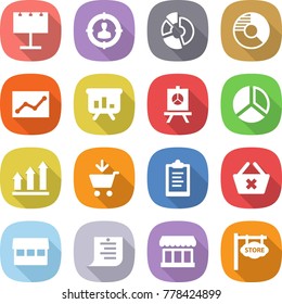 flat vector icon set - billboard vector, target audience, circle diagram, statistics, presentation, graph up, add to cart, clipboard, delete, market, shopping list, store signboard