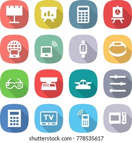 flat vector icon set - billboard vector, presentation, calculator, notebook globe, wireless, smart watch, bracelet, glasses, market scales, equalizer, tv, mobile phone, microwave oven
