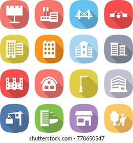 flat vector icon set - billboard vector, store, bridge, drawbridge, houses, building, district, palace, house, outdoor light, office, loading, hotel, shop, garden cleaning
