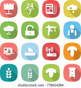 flat vector icon set - billboard vector, 24 7, newspaper, cloud service, wireless, unlock, tower crane, workman, trailer, shark flipper, router, mushroom, spike, hive
